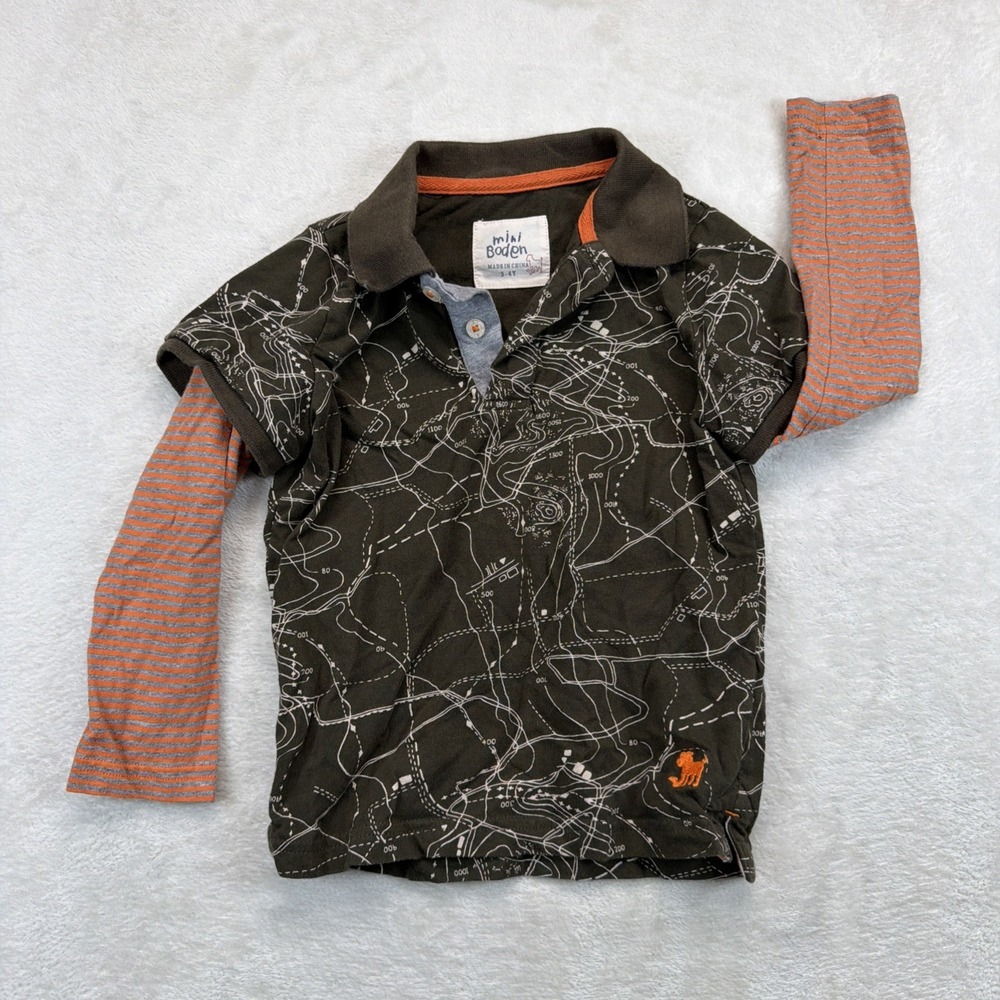 Mini Boden Boys Layered Polo Shirt Map Print Olive Green 3-4Y Long Sleeve